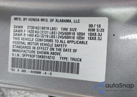 2019 Honda Ridgeline Sport z USA, uszkodzony, nr VIN 5FPYK3F15KB014213